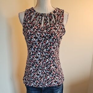 White House Black Market Black and Pink Floral Cutout Tank Top